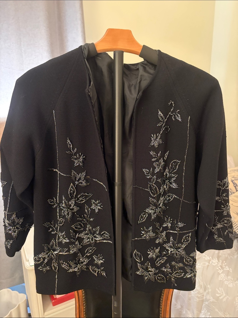 Vintage Black Beaded Open-Front Jacket with Silver Floral Embroidery-
